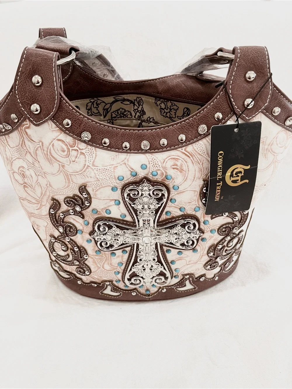 Brown and Cream Embellished Cross Satchel Tote NWT